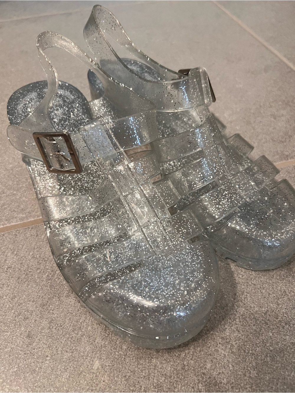 Clear Silver Glitter Jelly Heeled Sandals - Y2K Platform Chunky Sparkle Sandals - Picture 3 of 16